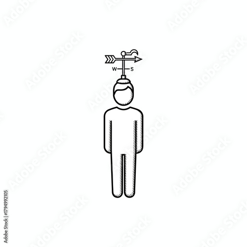 Creative concept of a person with a weather vane on their head symbolizing changing thoughts or direction