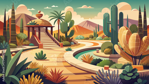 Very beautiful desert garden with sculptural cacti, drought-tolerant succulents, and soft sandy pathways, showcasing harmonious shapes, warm earthy tones, and the serene elegance of resilient desert f