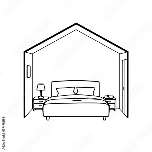 Monoline black icon showing a serene bedroom within a house frame, featuring a central bed with a sleek headboard and a lamp on a minimalist nightstand, illustrated in a flat, simple, and balanced sty