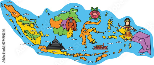 Colorful Map of Indonesia Archipelago with Animals and Landmarks