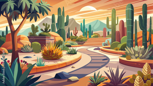 Very beautiful desert garden with sculptural cacti, drought-tolerant succulents, and soft sandy pathways, showcasing harmonious shapes, warm earthy tones, and the serene elegance of resilient desert f