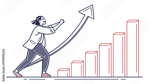 Energetic businesswoman pushing growth arrow toward vibrant bar chart success achievement motivation leadership