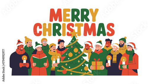 Joyful Christmas Carolers: A cheerful group of carolers, illuminated by candlelight, gathered around a decorated Christmas tree, spreading holiday cheer and warmth through their voices and presence. 