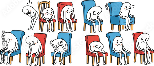 Group Of White Characters Sitting On Red And Blue Chairs With Various Expressions And Poses On White Background
