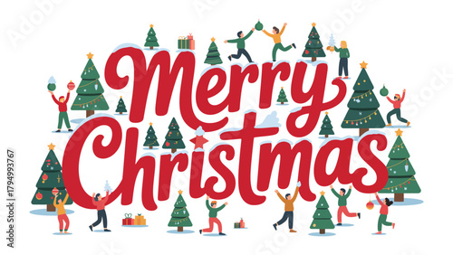 Merry Christmas Cheer: Festive graphic featuring a lively gathering of people amidst Christmas trees, celebrating the joy and spirit of the holiday season. 