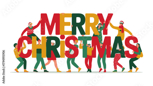 Festive Christmas Celebration: A joyful group of diverse people collaboratively hold the letters, creating a vibrant Merry Christmas message to capture the essence of holiday spirit.