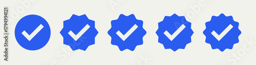 Profile verification badge set with check mark. Social media account verification icons. Approved, guaranteed, verified and protected. Vector illustration.