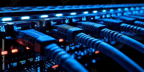 Close-up of blue Ethernet cables plugged into a dark server rack with illuminated indicator lights.