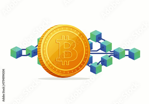 A golden Bitcoin coin is displayed in front of a stylized blockchain network represented by interconnected blue-green cubes.
