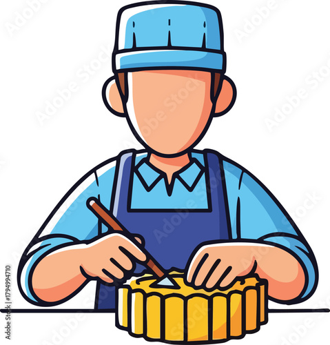 Baker In Blue Uniform And Apron Decorating Cake With Icing In Studio Lighting
