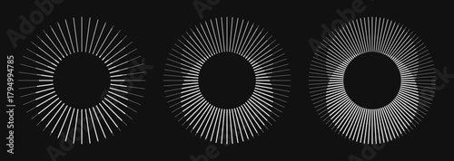 Set of rotating radial lines in circle form. Abstract geometric sun rays in different shape and thickness create visual effect of illusion. Design element for logo, prints, template or posters.