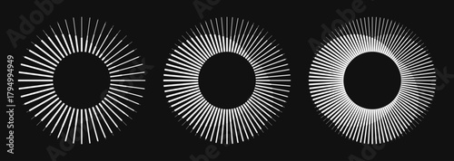 Set of rotating radial lines in circle form. Abstract geometric sun rays in different shape and thickness create visual effect of illusion. Design element for logo, prints, template or posters.