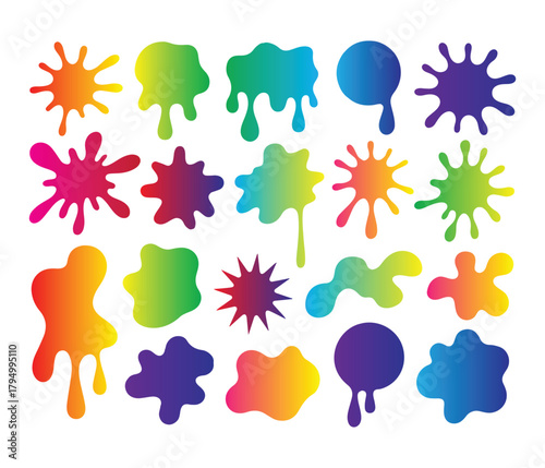 Colorful Splashes: A collection of vibrant, multi-hued ink blots, perfect for adding a playful touch to any creative project. These radiant color blots create unique visual patterns.