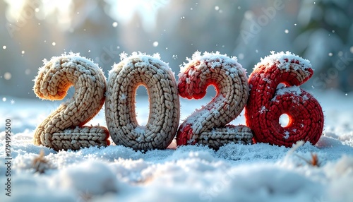Winter scene with large, textured numbers representing the year 2026, covered in snow and set in a snowy landscape. Soft, blurred background