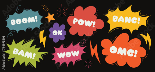 Vibrant collection of different colourful abstract shapes, bubble, cloud, messages, stars and thunderbolt with text inscriptions. Perfect for creative projects or decorative artwork