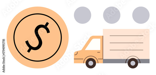 Dollar coin symbol alongside a delivery truck signifying payment, shipping, and transportation. Ideal for concepts thumbs up logistics, e-commerce, shipping, finance, delivery fees, trade