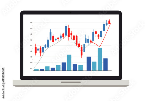 Laptop displaying a stock market chart with candlestick patterns, line graph, and bar graph, showing financial data.