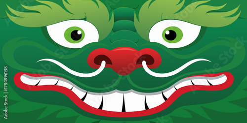Close up of a stylized green dragon face with large white eyes and a red nose and mouth