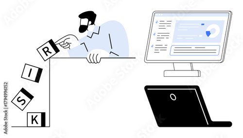 Businessperson carefully stacking RISK blocks on the edge, supported by analytics on screens. Ideal for business strategy, decision-making, planning, risk management, data analysis, teamwork