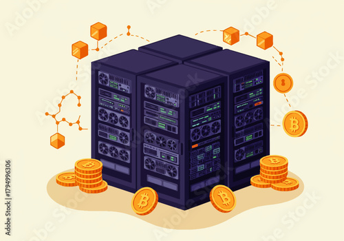 A server rack surrounded by bitcoins and interconnected cubes, representing blockchain technology and cryptocurrency mining.