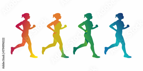 Diverse female runners in colorful silhouettes representing health fitness and active lifestyles