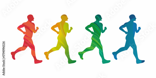 Four colorful silhouettes of men running in a line with abstract patterns inside each figure