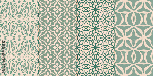 Four seamless geometric patterns in muted green and beige tones with floral and abstract motifs