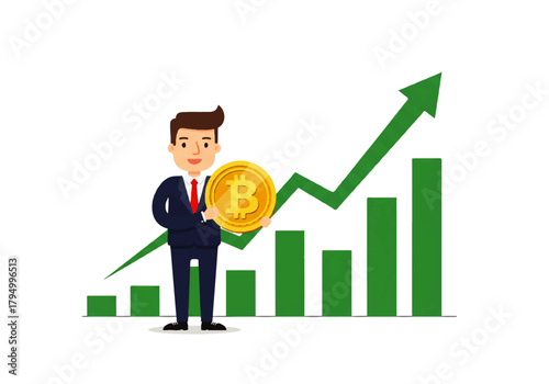 Cartoon businessman holding a large Bitcoin coin in front of a rising green bar graph, symbolizing financial growth and investment.