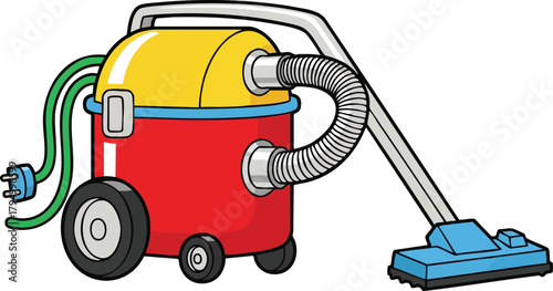 Vintage Red And Yellow Vacuum Cleaner With Blue Floor Nozzle And Hose On Wheels