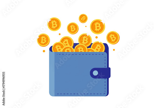 A blue wallet overflows with golden Bitcoin coins, symbolizing wealth, investment, and the digital currency market.