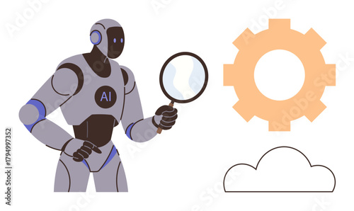 AI robot examining with magnifying glass cloud, gear icons symbolize technology, data analysis. Ideal for artificial intelligence, machine learning, innovation, automation, research, cloud storage