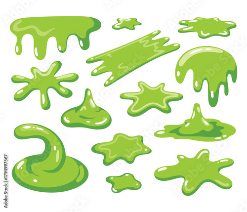 Green Goo Collection: A collection of various playful, dripping, and splattered green goo elements. Offering fun designs for playful use, great for illustrations. 
