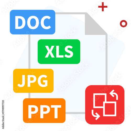 Document file icons set containing PDF, DOC, XLS, JPG, and PPT icon vector illustration