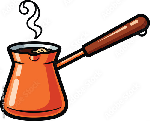 Orange Cezve with Dark Coffee Steam Rising From Spout Against White Background