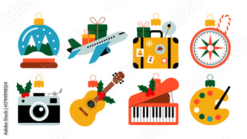  Festive Ornaments of Travel and Celebration: An array of vibrant ornaments evokes the spirit of wanderlust, art, music, and festivity.
