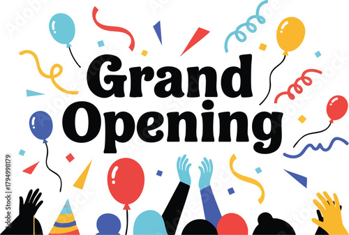 Grand Opening Celebration with Balloons Confetti and Cheering Crowd