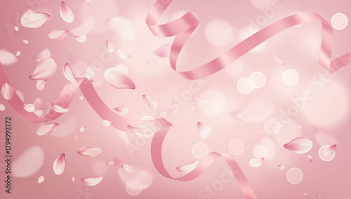 Pink Ribbon Confetti Petals Dreamy Celebration Vector Illustration Background