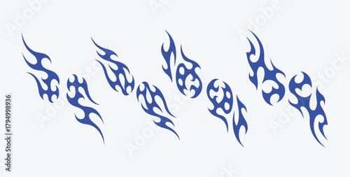 Set Blue Futuristic gothic tribal flame sigil vector design, inspired by Y2K aesthetic with liquid mercury metallic look, abstract tattoo artwork, and cyber illustration for modern graphic art.
