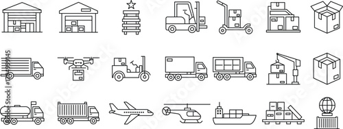 Collection of outline icons representing logistics, shipping, and transportation services. icons include warehouses, trucks, and cargo.