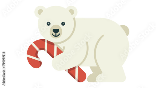 Joyful Polar Bear with Candy Cane: A cheerful polar bear is delighted, playfully grasping a vibrant candy cane, perfect for holiday greetings and festive designs.