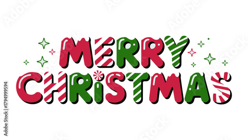 Christmas Greetings: A festive illustration spells out Merry Christmas in cheerful, candy-cane-inspired lettering, conveying holiday cheer and seasonal joy.