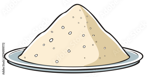 Pile of fine beige powder or flour on a plate with a simple design