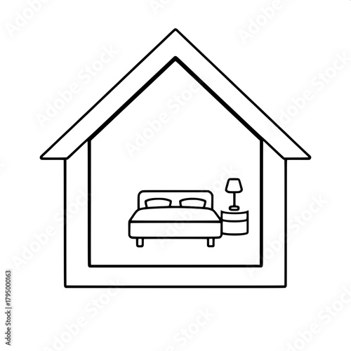 Black-and-white graphic symbol of a home with a symmetrical triangular roof and a rectangular frame featuring a subtle border, inside which sits a centered bed with a simple headboard and a single lam