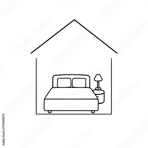 Black-and-white graphic symbol of a home with a symmetrical triangular roof and a rectangular frame featuring a subtle border, inside which sits a centered bed with a simple headboard and a single lam