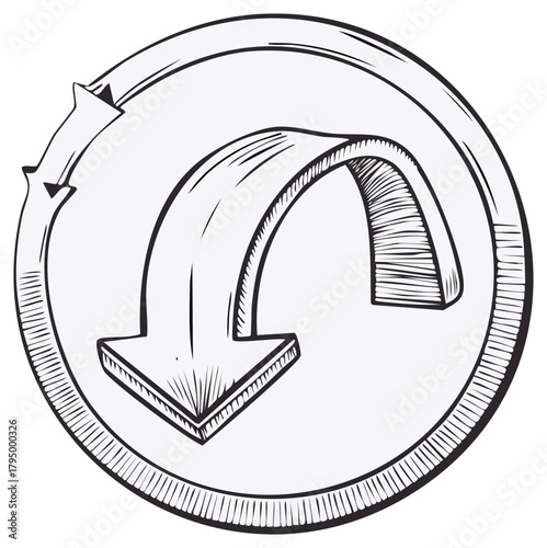 Looping Back Graphic Showing Circular Flow with Arrow Pointing Downwards in a Vintage Style Illustration