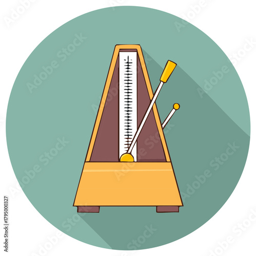 Cartoon style metronome icon in yellow and brown on circular green backdrop with long shadow.