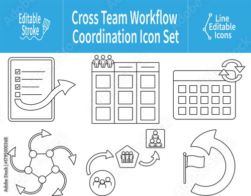Cross Team Workflow Coordination Line Icons featuring task routing, team alignment, calendar sync, milestone loops, and collaborative process management in an editable stroke style