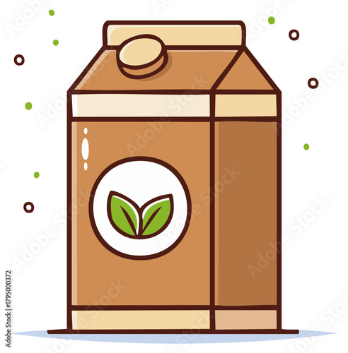 Cartoon milk carton with green leaf logo and scattered dots, isolated on white