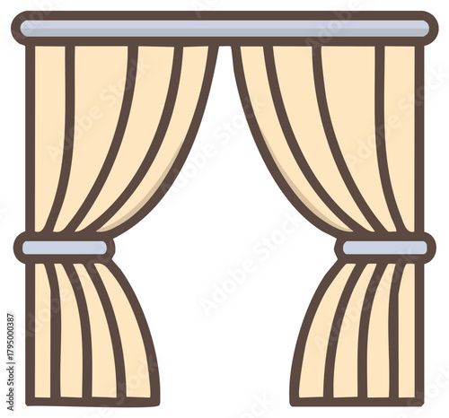 Simple vector illustration of open window curtains with tie backs on a rod cartoon style icon for home decor