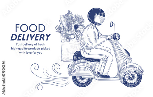 Vector illustration of fast delivery. The delivery person is carrying a package of healthy food products. Banner for stores about food delivery